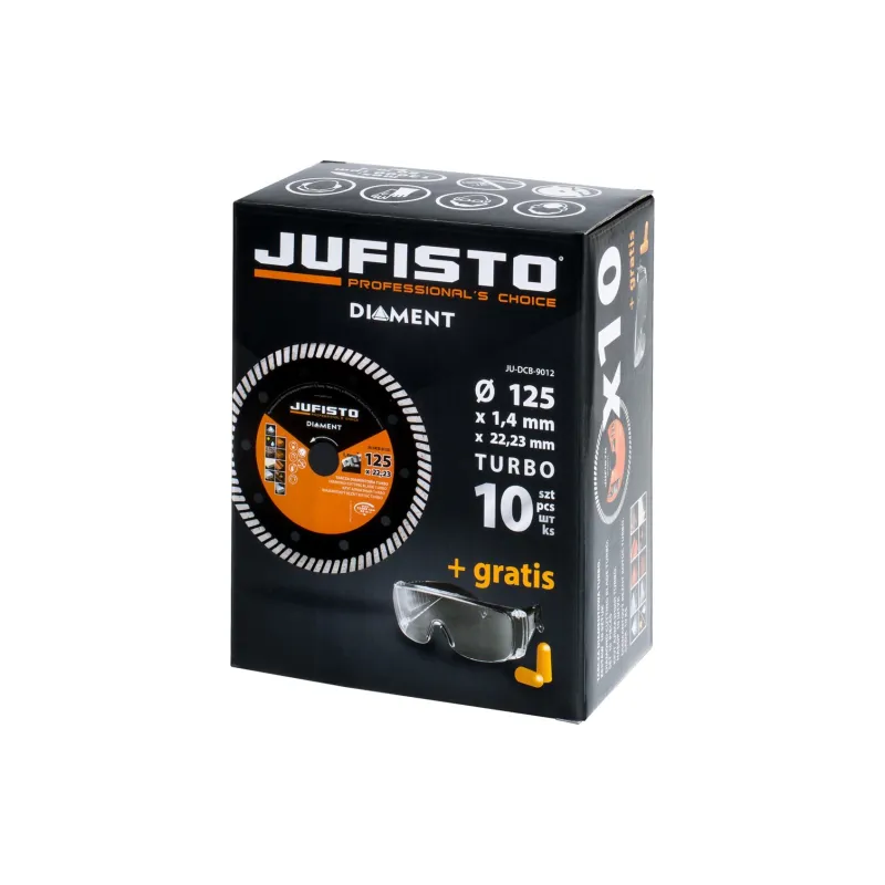Zestaw tarcz diamentowych 125 mm, Turbo, gratis okulary i zatyczki, 10 szt.
