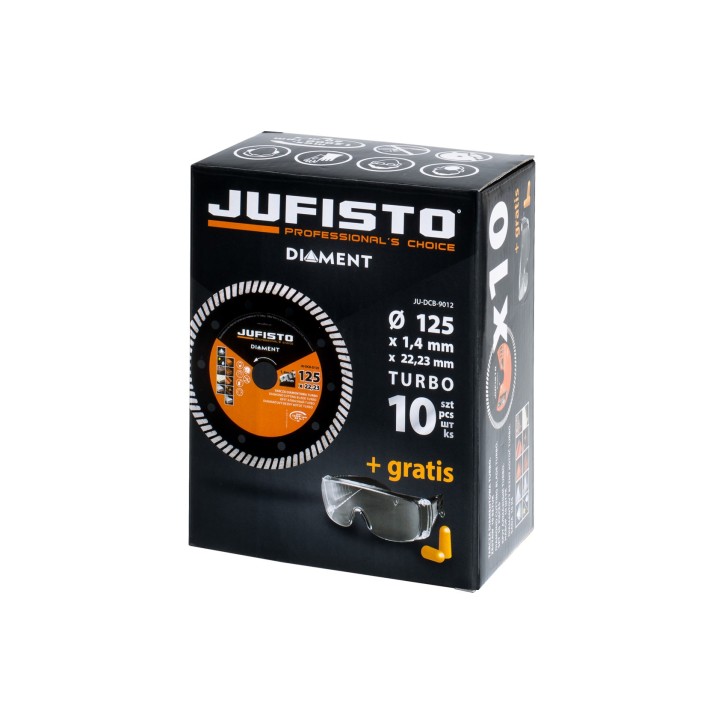 Zestaw tarcz diamentowych 125 mm, Turbo, gratis okulary i zatyczki, 10 szt. Zestaw tarcz diamentowych 125 mm, Turbo, gratis okulary i zatyczki, 10 szt.