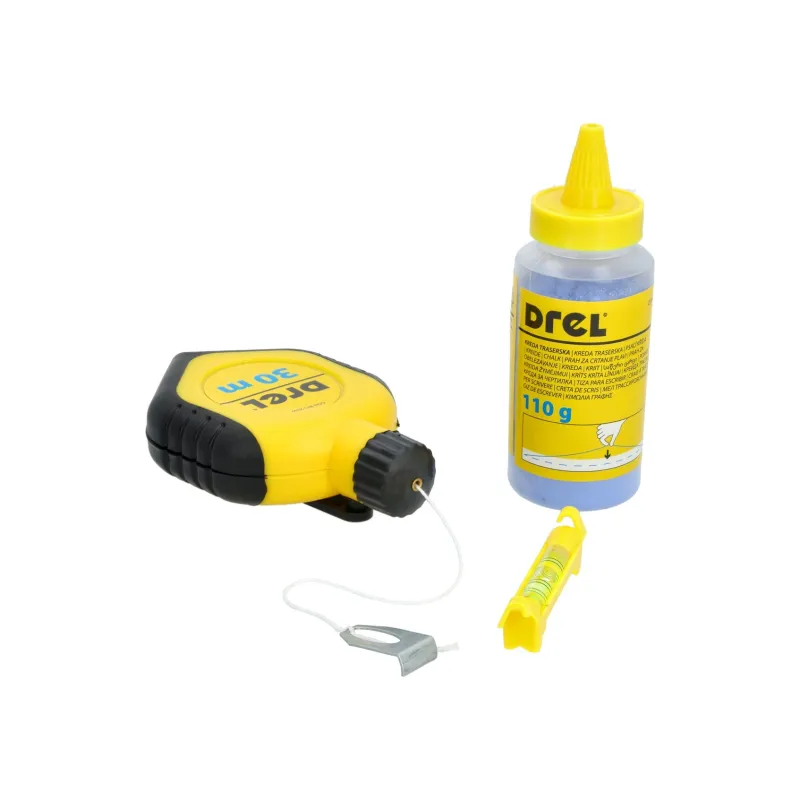 Sznur traserski 30m, niebieska kreda, mini poziomica