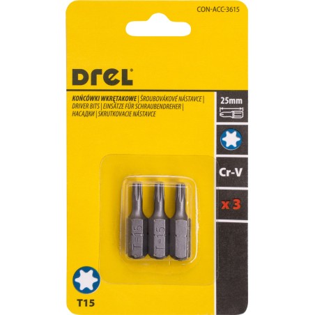 Końcówki wkrętakowe Torx T15 x 25 mm, 3 szt.