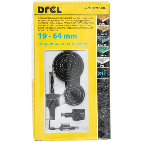 Zestaw otwornic do drewna 19-64 mm, adapter z wiertłem prowadzącym, 11 szt.