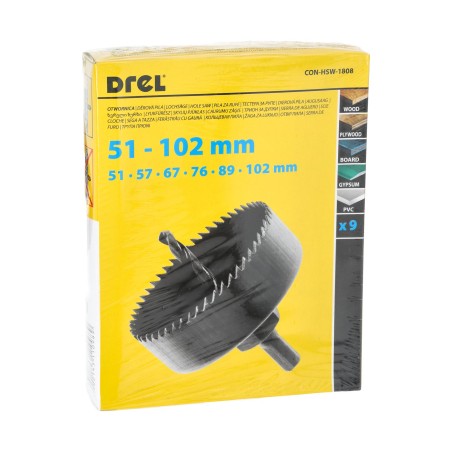Zestaw otwornic do drewna 51-102 mm, adapter z wiertłem prowadzącym, 9 szt.