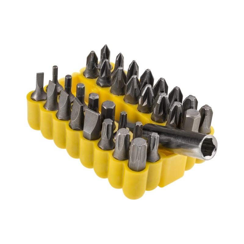 Zestaw końcówek wkrętakowych z uchwytem magnetycznym CrV, 33 szt. Zestaw końcówek wkrętakowych z uchwytem magnetycznym CrV, 33 szt.