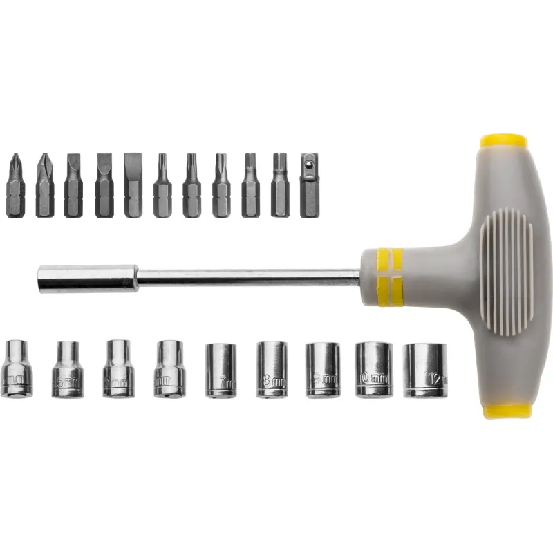 Zestaw wkrętak z uchwytem typu T, wymienne groty i nasadki, 21 szt. Zestaw wkrętak z uchwytem typu T, wymienne groty i nasadki, 21 szt.