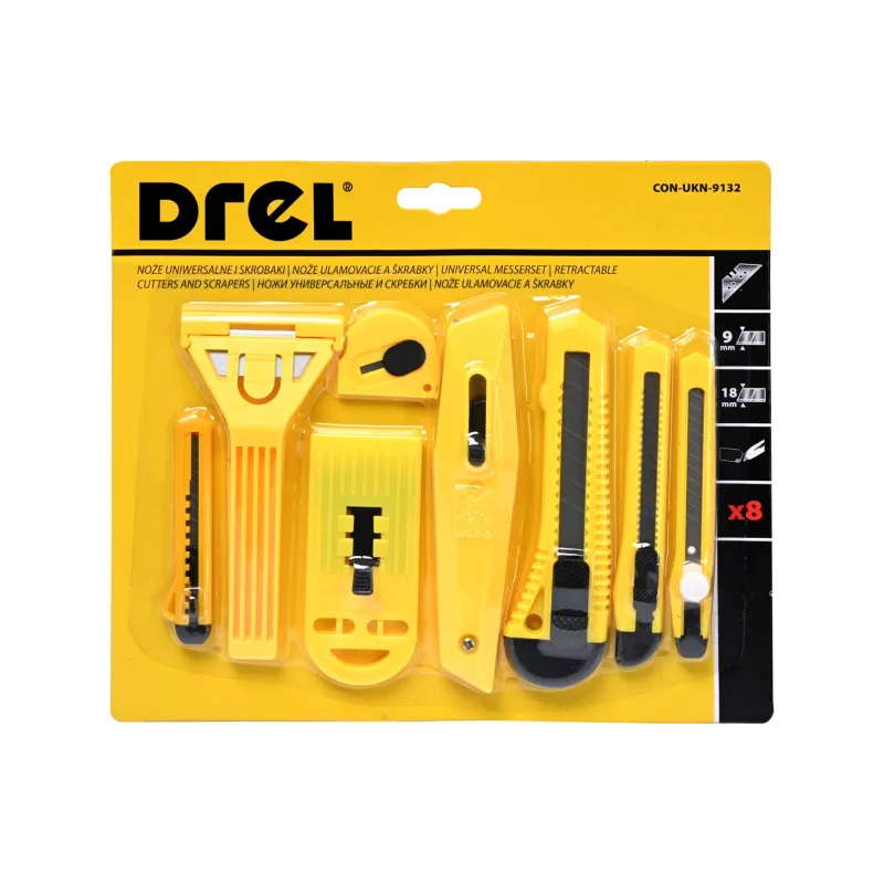 Zestaw noży z ostrzem łamanym i skrobaków, plastikowy korpus, 8 szt. Zestaw noży z ostrzem łamanym i skrobaków, plastikowy korpus, 8 szt.