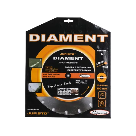 Tarcza diamentowa 300 x 25.4 mm, segmentowa, spawana laserowo, do asfaltu i świeżego betonu