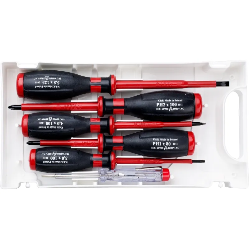 Zestaw wkrętaków izolowanych 1000 V z próbnikiem 125-250 V, soft touch, 6 szt. Zestaw wkrętaków izolowanych 1000 V z próbnikiem 125-250 V, soft touch, 6 szt.