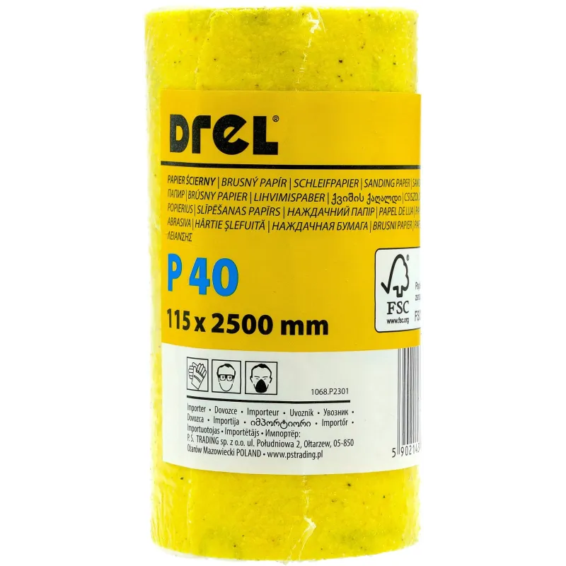 Papier ścierny w rolce 2.5 m, 115 mm, P40, żółty, FSC 100%, certyfikat NC-COC-062817