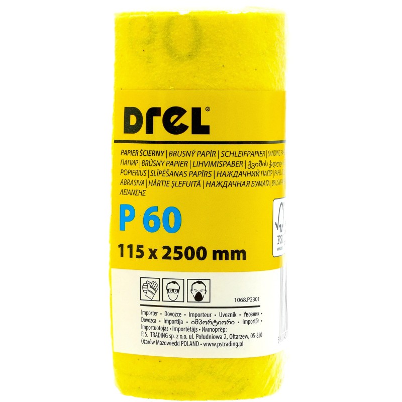 Papier ścierny w rolce 2.5 m, 115 mm, P60, żółty, FSC 100%, certyfikat NC-COC-062817