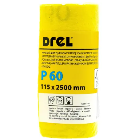Papier ścierny w rolce 2.5 m, 115 mm, P60, żółty, FSC 100%, certyfikat NC-COC-062817