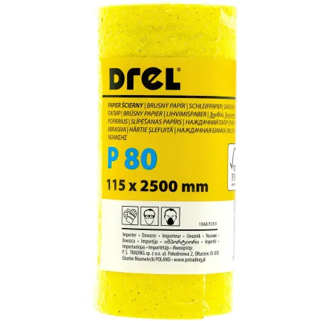 Papier ścierny w rolce 2.5 m, 115 mm, P80, żółty, FSC 100%, certyfikat NC-COC-062817