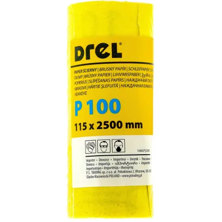 Papier ścierny w rolce 2.5 m, 115 mm, P100, żółty, FSC 100%, certyfikat NC-COC-062817