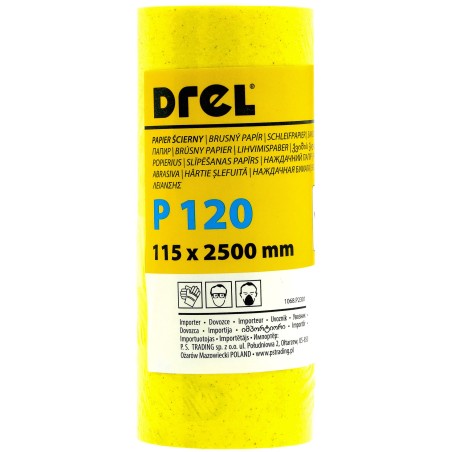 Papier ścierny w rolce 2.5 m, 115 mm, P120, żółty, FSC 100%, certyfikat NC-COC-062817