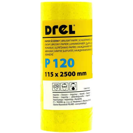 Papier ścierny w rolce 2.5 m, 115 mm, P120, żółty, FSC 100%, certyfikat NC-COC-062817