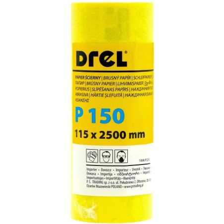 Papier ścierny w rolce 2.5 m, 115 mm, P150, żółty,FSC 100%, certyfikat NC-COC-062817