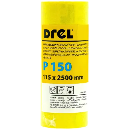 Papier ścierny w rolce 2.5 m, 115 mm, P150, żółty,FSC 100%, certyfikat NC-COC-062817