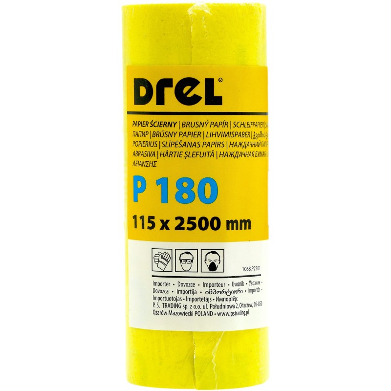 Papier ścierny w rolce 2.5 m, 115 mm, P180, żółty, FSC 100%, certyfikat NC-COC-062817