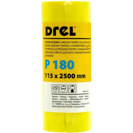Papier ścierny w rolce 2.5 m, 115 mm, P180, żółty, FSC 100%, certyfikat NC-COC-062817