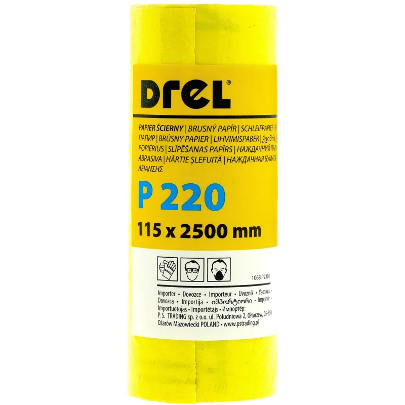 Papier ścierny w rolce 2.5 m, 115 mm, P220, żółty, FSC 100%, certyfikat NC-COC-062817 Papier ścierny w rolce 2.5 m, 115 mm, P220, żółty, FSC 100%, certyfikat NC-COC-062817