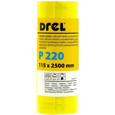 Papier ścierny w rolce 2.5 m, 115 mm, P220, żółty, FSC 100%, certyfikat NC-COC-062817