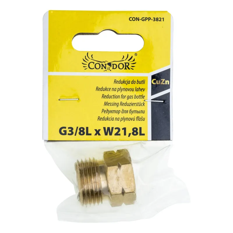 Redukcja do butli turystycznej G3/8L x W21.8L, mosiądz
