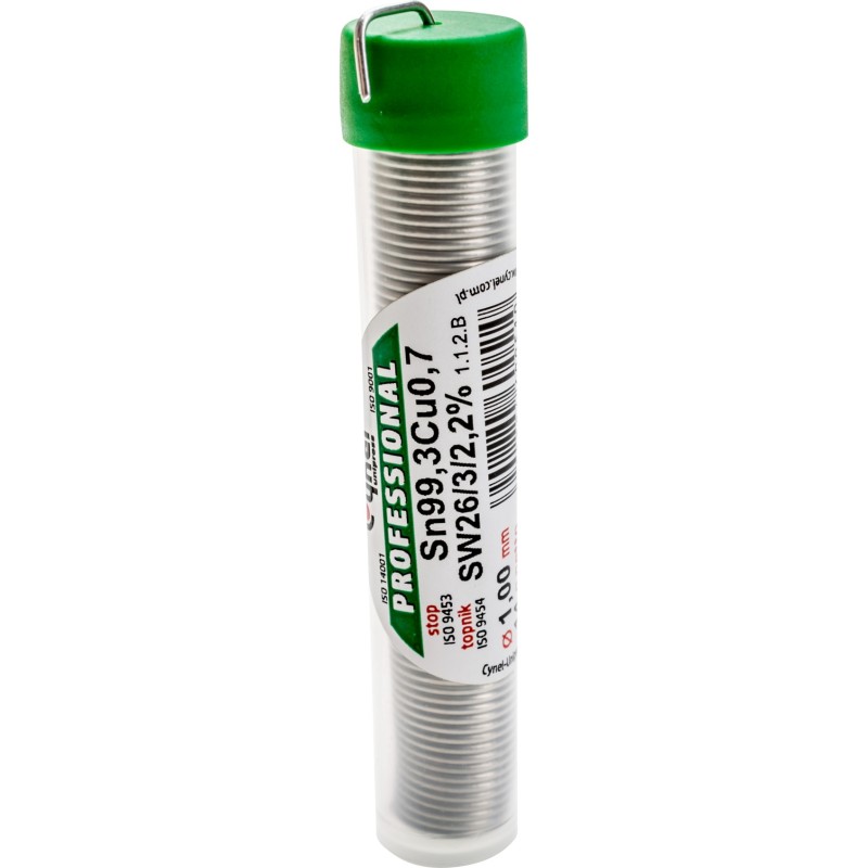 Spoiwo lutownicze bezołowiowe 1.0 mm, 14 g, Sn99.3Cu0.7, topnik SW26, fiolka Spoiwo lutownicze bezołowiowe 1.0 mm, 14 g, Sn99.3Cu0.7, topnik SW26, fiolka
