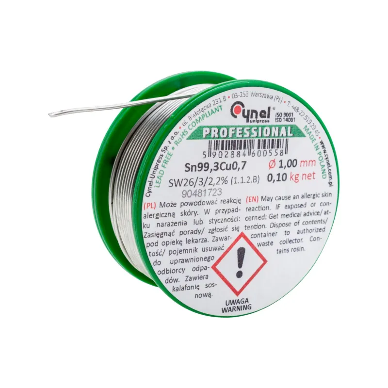 Spoiwo lutownicze bezołowiowe 1.0 mm, 100 g, Sn99.3Cu0.7, topnik SW26, szpulka