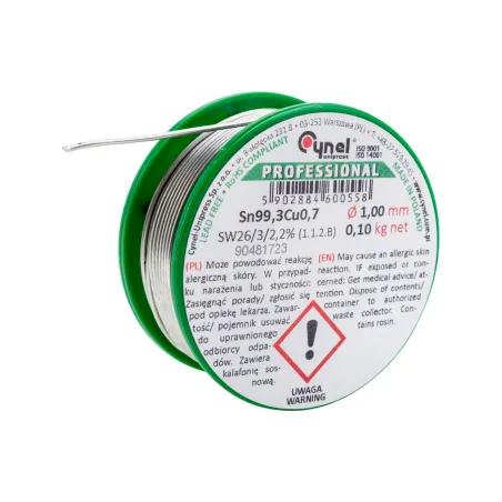 Spoiwo lutownicze bezołowiowe 1.0 mm, 100 g, Sn99.3Cu0.7, topnik SW26, szpulka