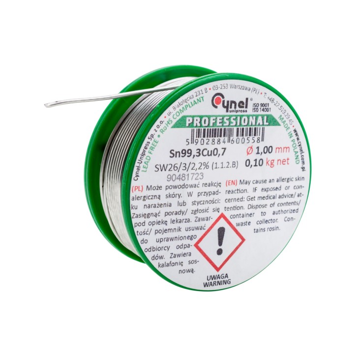 Spoiwo lutownicze bezołowiowe 1.0 mm, 100 g, Sn99.3Cu0.7, topnik SW26, szpulka
