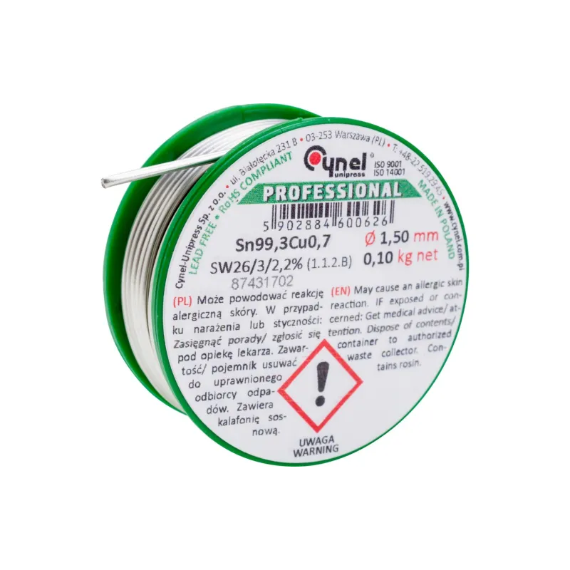 Spoiwo lutownicze bezołowiowe 1.5 mm, 100 g, Sn99.3Cu0.7, topnik SW26, szpulka
