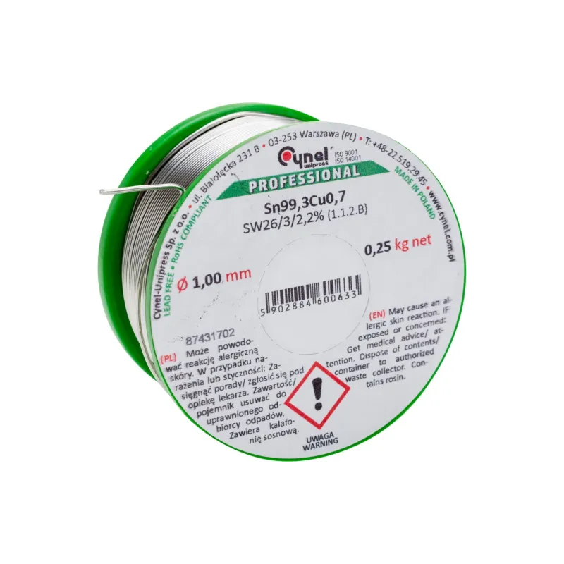 Spoiwo lutownicze bezołowiowe 1.0 mm, 250 g, Sn99.3Cu0.7, topnik SW26, szpulka