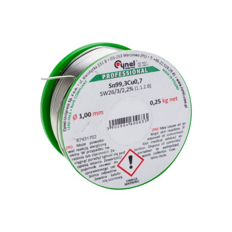 Spoiwo lutownicze bezołowiowe 1.0 mm, 250 g, Sn99.3Cu0.7, topnik SW26, szpulka