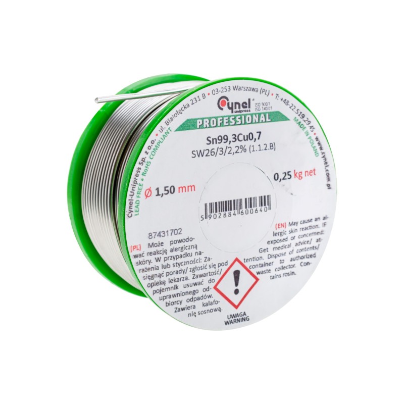 Spoiwo lutownicze bezołowiowe 1.5 mm, 250 g, Sn99.3Cu0.7, topnik SW26, szpulka Spoiwo lutownicze bezołowiowe 1.5 mm, 250 g, Sn99.3Cu0.7, topnik SW26, szpulka