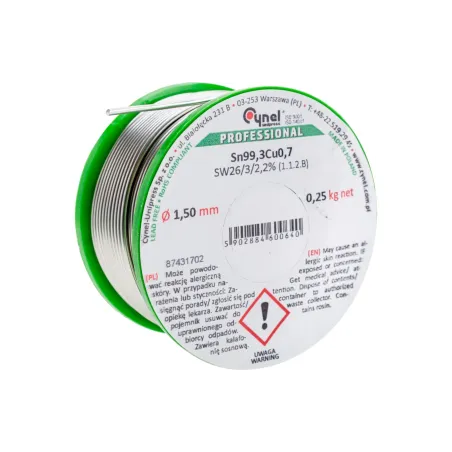 Spoiwo lutownicze bezołowiowe 1.5 mm, 250 g, Sn99.3Cu0.7, topnik SW26, szpulka