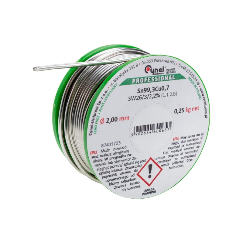 Spoiwo lutownicze bezołowiowe 2.0 mm, 250 g, Sn99.3Cu0.7, topnik SW26, szpulka Spoiwo lutownicze bezołowiowe 2.0 mm, 250 g, Sn99.3Cu0.7, topnik SW26, szpulka