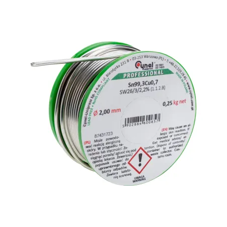 Spoiwo lutownicze bezołowiowe 2.0 mm, 250 g, Sn99.3Cu0.7, topnik SW26, szpulka