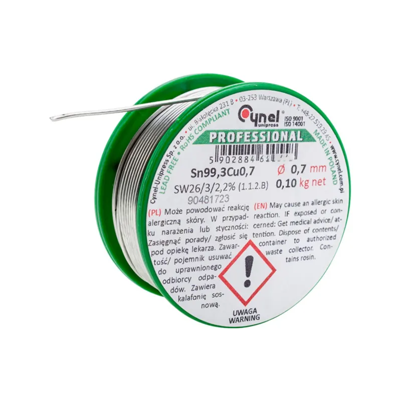 Spoiwo lutownicze bezołowiowe 0.7 mm, 100 g, Sn99.3Cu0,7, topnik SW26, szpulka