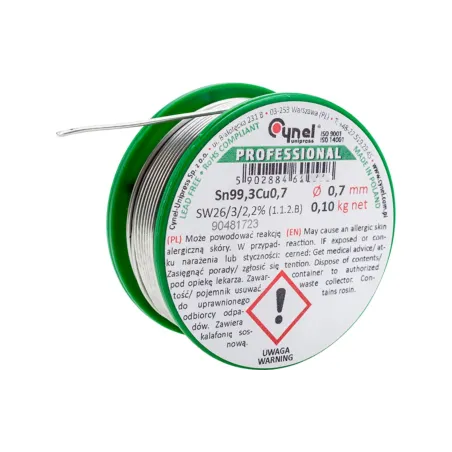Spoiwo lutownicze bezołowiowe 0.7 mm, 100 g, Sn99.3Cu0,7, topnik SW26, szpulka