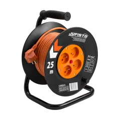 Przedłużacz bębnowy 25 m, 3 x 1 mm2, 700 W, cztery gniazda, zabezpieczenie termiczne, pomarańczowy, PVC, z uziemieniem