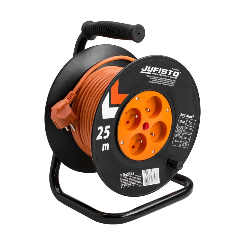 Przedłużacz bębnowy 25 m, 3 x 1 mm2, 700 W, cztery gniazda, zabezpieczenie termiczne, pomarańczowy, PVC, z uziemieniem