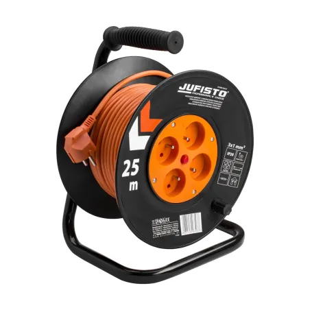 Przedłużacz bębnowy 25 m, 3 x 1 mm2, 700 W, cztery gniazda, zabezpieczenie termiczne, pomarańczowy, PVC, z uziemieniem