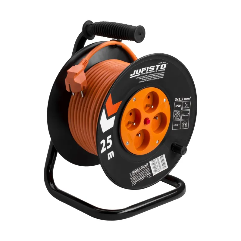 Przedłużacz bębnowy 25 m, 3 x 1.5 mm2, 1100 W, cztery gniazda, zabezpieczenie termiczne, pomarańczowy, PVC, z uziemieniem