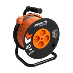 Przedłużacz bębnowy 40 m, 3 x 1.5 mm2, 1100 W, cztery gniazda, zabezpieczenie termiczne, pomarańczowy, PVC, z uziemieniem