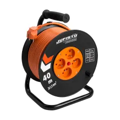 Przedłużacz bębnowy 40 m, 3 x 1.5 mm2, 1100 W, cztery gniazda, zabezpieczenie termiczne, pomarańczowy, PVC, z uziemieniem