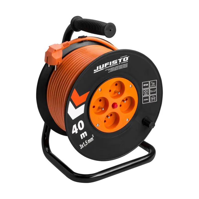 Przedłużacz bębnowy 40 m, 3 x 1.5 mm2, 1100 W, cztery gniazda, zabezpieczenie termiczne, pomarańczowy, PVC, z uziemieniem Przedłużacz bębnowy 40 m, 3 x 1.5 mm2, 1100 W, cztery gniazda, zabezpieczenie termiczne, pomarańczowy, PVC, z uziemieniem