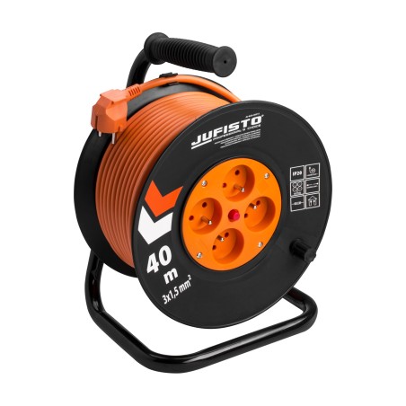 Przedłużacz bębnowy 40 m, 3 x 1.5 mm2, 1100 W, cztery gniazda, zabezpieczenie termiczne, pomarańczowy, PVC, z uziemieniem