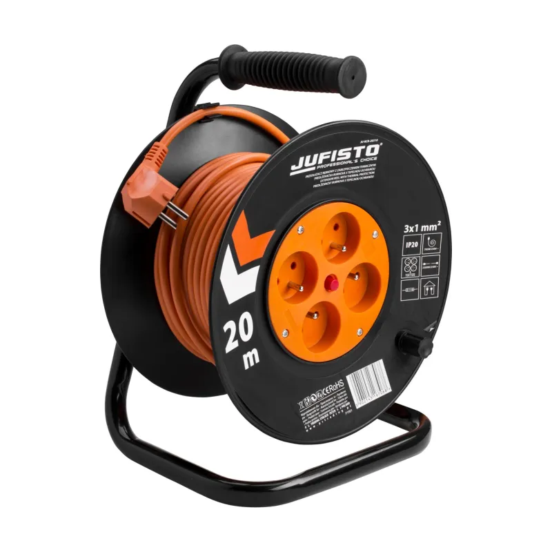 Przedłużacz bębnowy 20 m, 3 x 1 mm2, 700 W, cztery gniazda, zabezpieczenie termiczne, pomarańczowy, PVC, z uziemieniem Przedłużacz bębnowy 20 m, 3 x 1 mm2, 700 W, cztery gniazda, zabezpieczenie termiczne, pomarańczowy, PVC, z uziemieniem