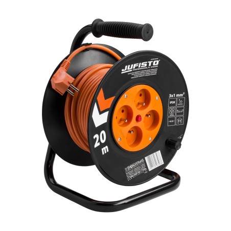 Przedłużacz bębnowy 20 m, 3 x 1 mm2, 700 W, cztery gniazda, zabezpieczenie termiczne, pomarańczowy, PVC, z uziemieniem