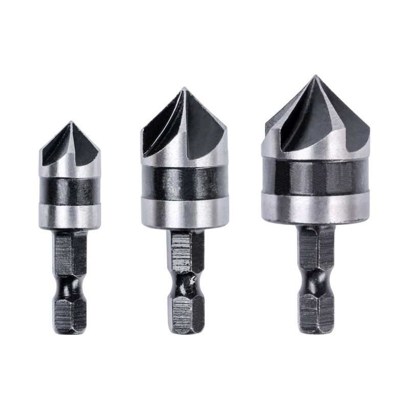 Zestaw fazowników, pogłebiaczy 12-19 mm, 3 szt, uchwyt quick change Hex Zestaw fazowników, pogłebiaczy 12-19 mm, 3 szt, uchwyt quick change Hex