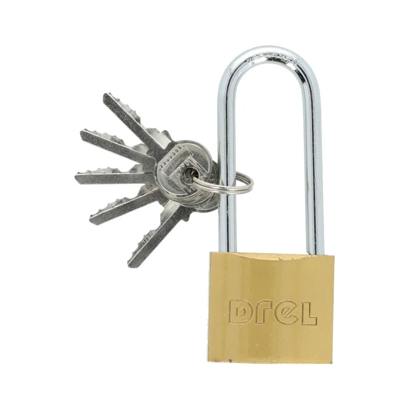 Kłódka 40mm, długi kabłąk, 5 kluczy, mosiądz